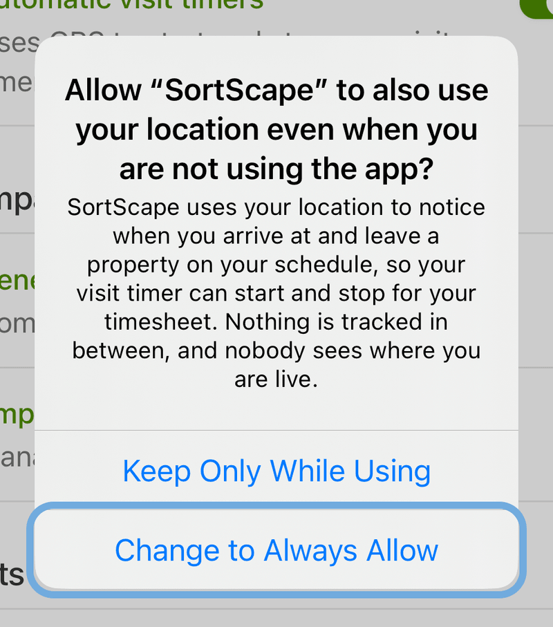 iPhone prompt asking to use location even when the app is not in use, with Change to Always Allow highlighted