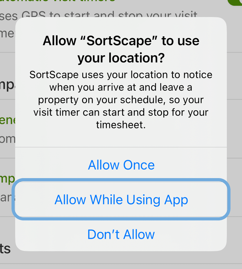 iPhone location prompt with Allow While Using App highlighted