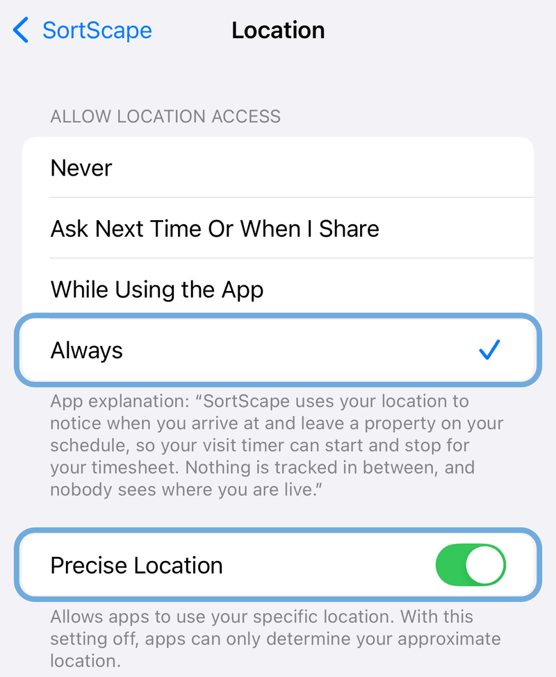 iPhone Settings Location page for SortScape with Always selected and Precise Location turned on