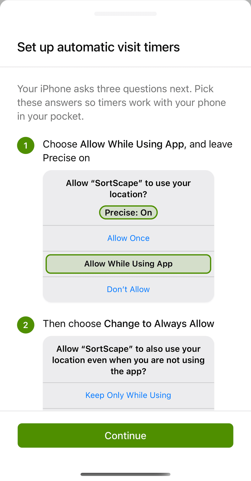 Set up automatic job timers screen listing the three iPhone questions and the answer to pick in each