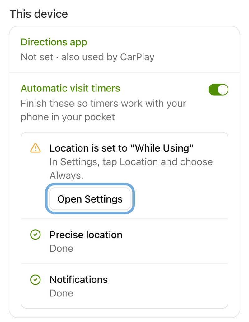 Automatic job timers checklist showing Location set to While Using with an Open Settings button, and Precise location and Notifications done