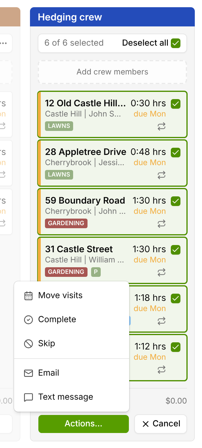 A job run with every job selected and the Actions menu open, showing Email and Text message