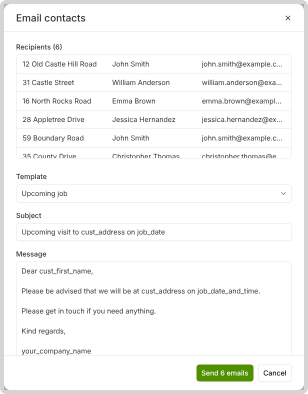 Email contacts dialog with the recipient list, a template, subject and message