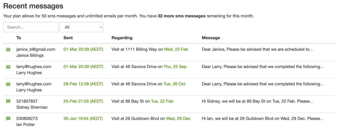 landscape lawn customer message log