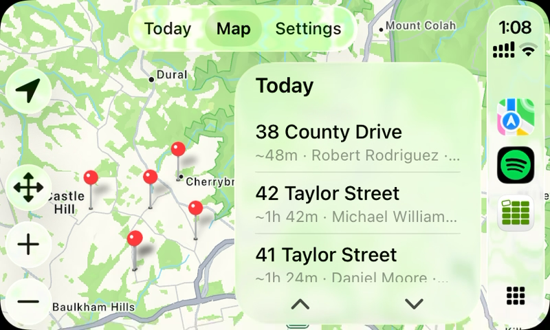 CarPlay Map tab with pins on a street map and a Today panel listing today's open stops