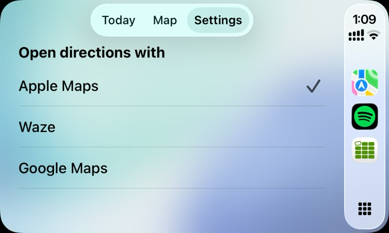 CarPlay Settings tab with Open directions with: Apple Maps selected, plus Waze and Google Maps