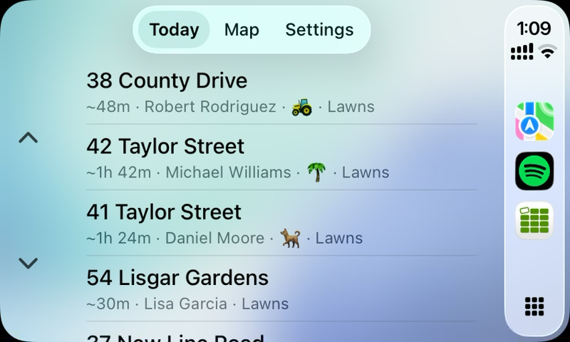 CarPlay Today tab listing several visits by street address, with duration, customer name, and tags on each row