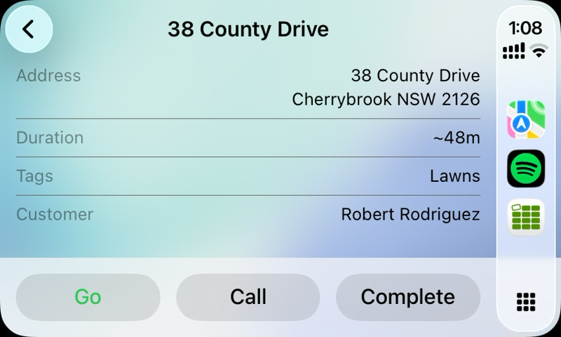 CarPlay visit screen for 38 County Drive with Address, Duration, Tags, Customer, and Go, Call, and Complete buttons