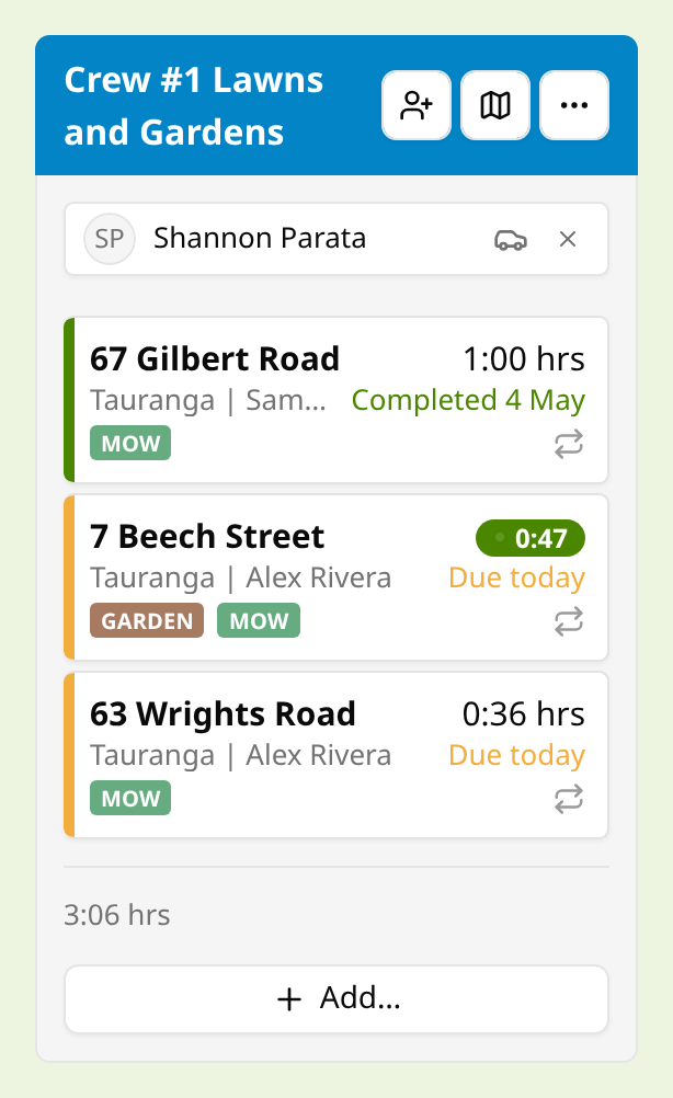 A job run on the schedule with a green pulsing timer pill showing 0:47 on the 7 Beech Street visit card.