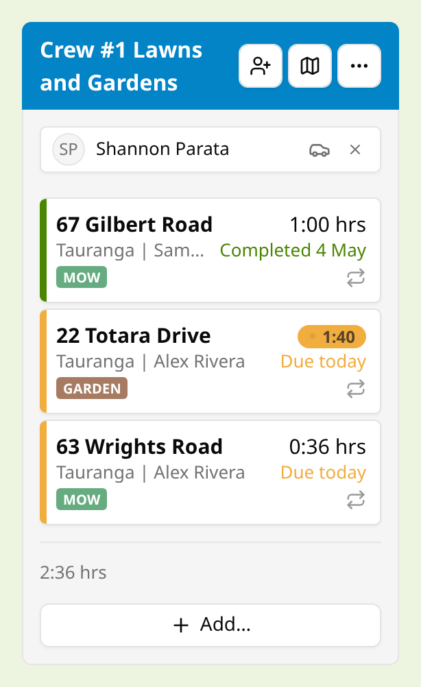 A job run on the schedule with an orange over-estimate timer pill showing 1:40 on the 22 Totara Drive visit card.