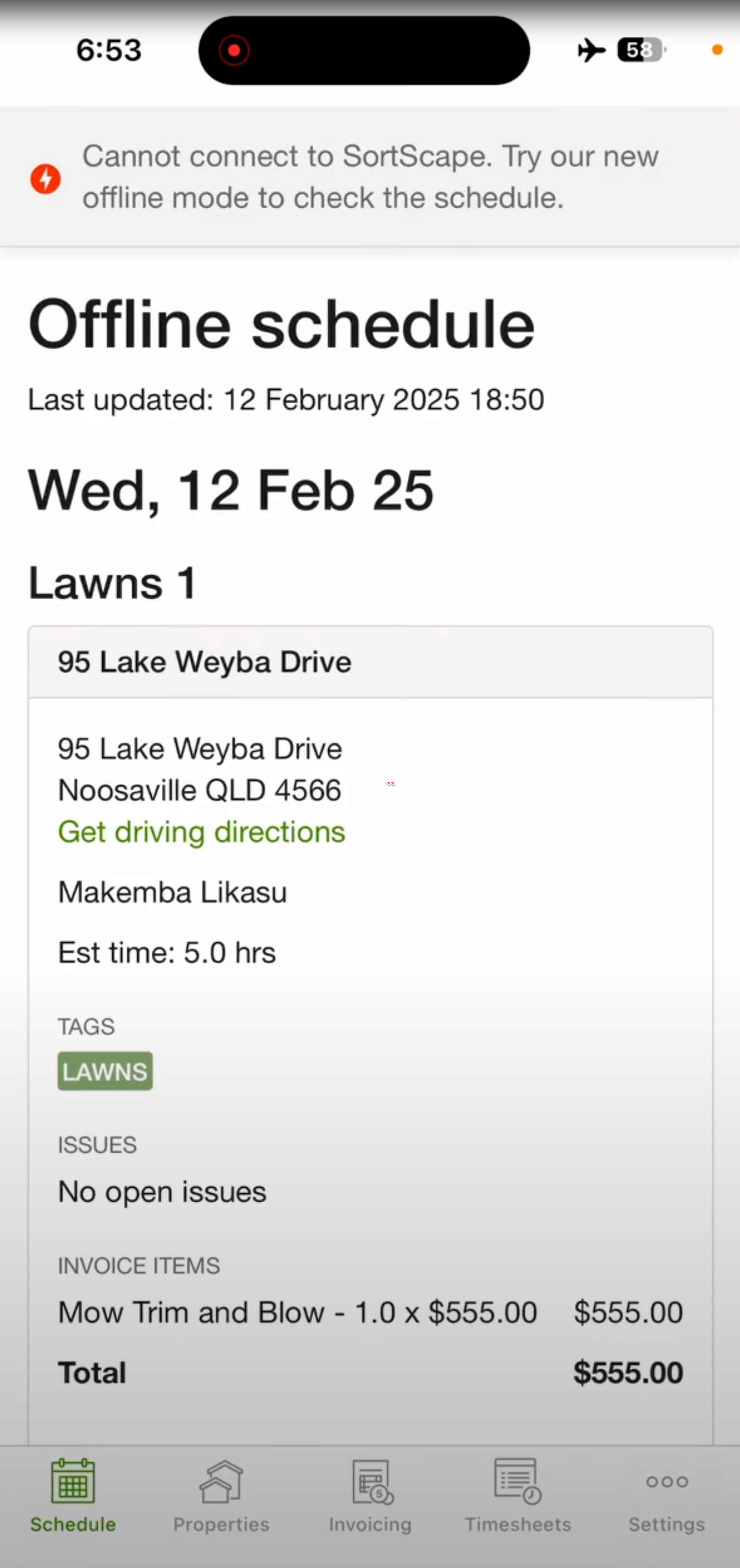 Mobile offline schedule showing today's visits while the app is disconnected