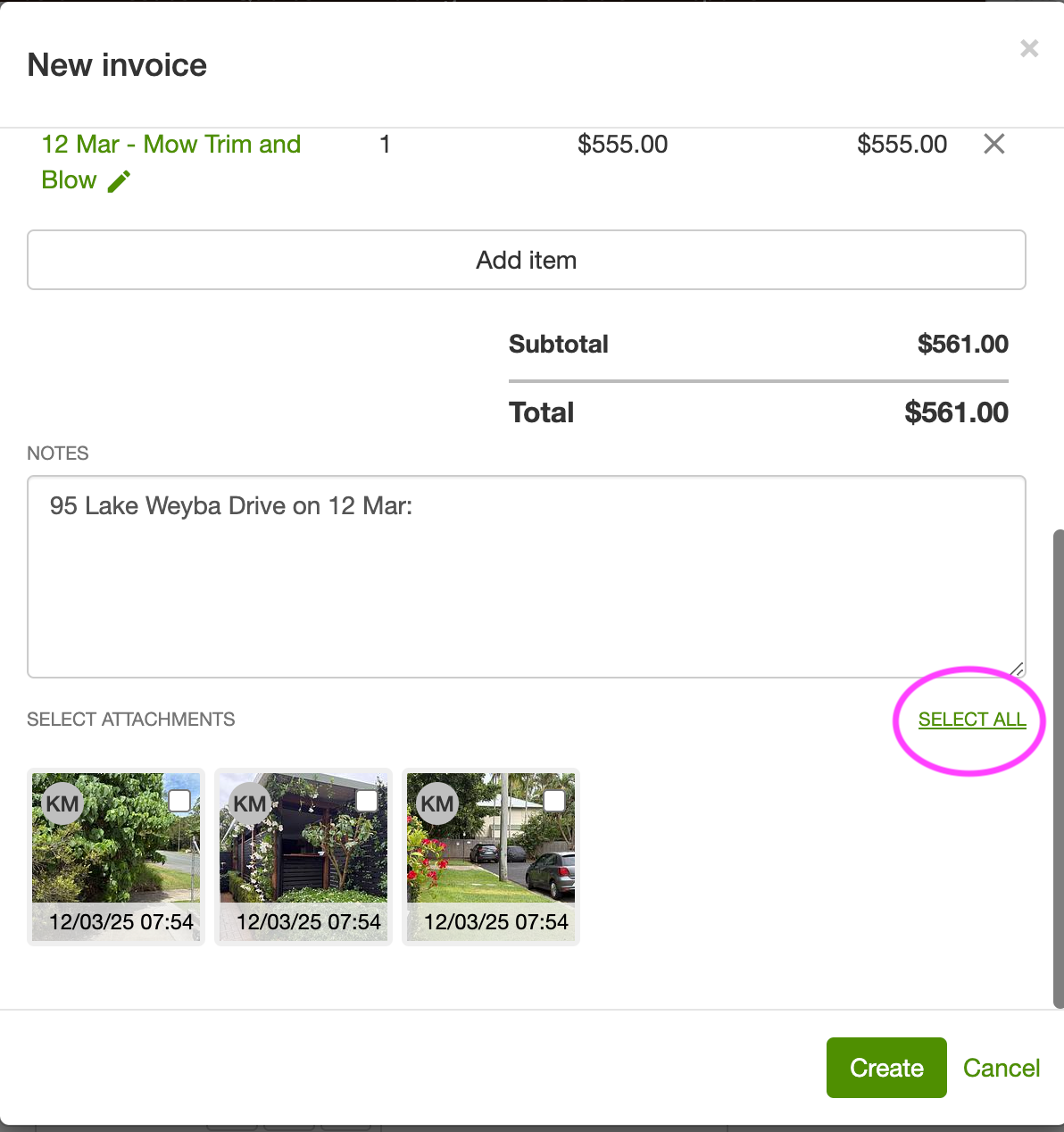 Invoice attachments list with Select all highlighted