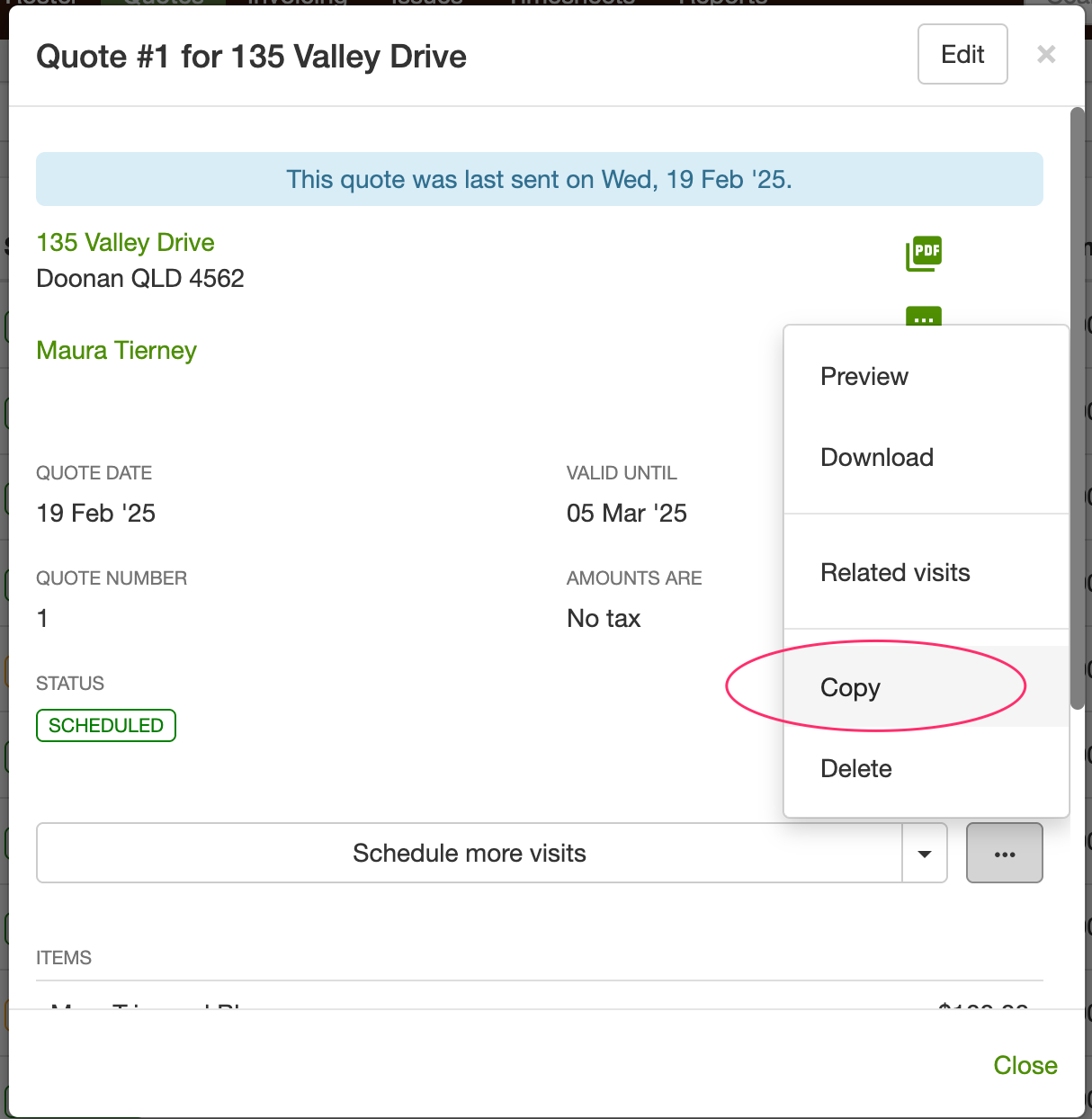 Quote menu open with Copy highlighted