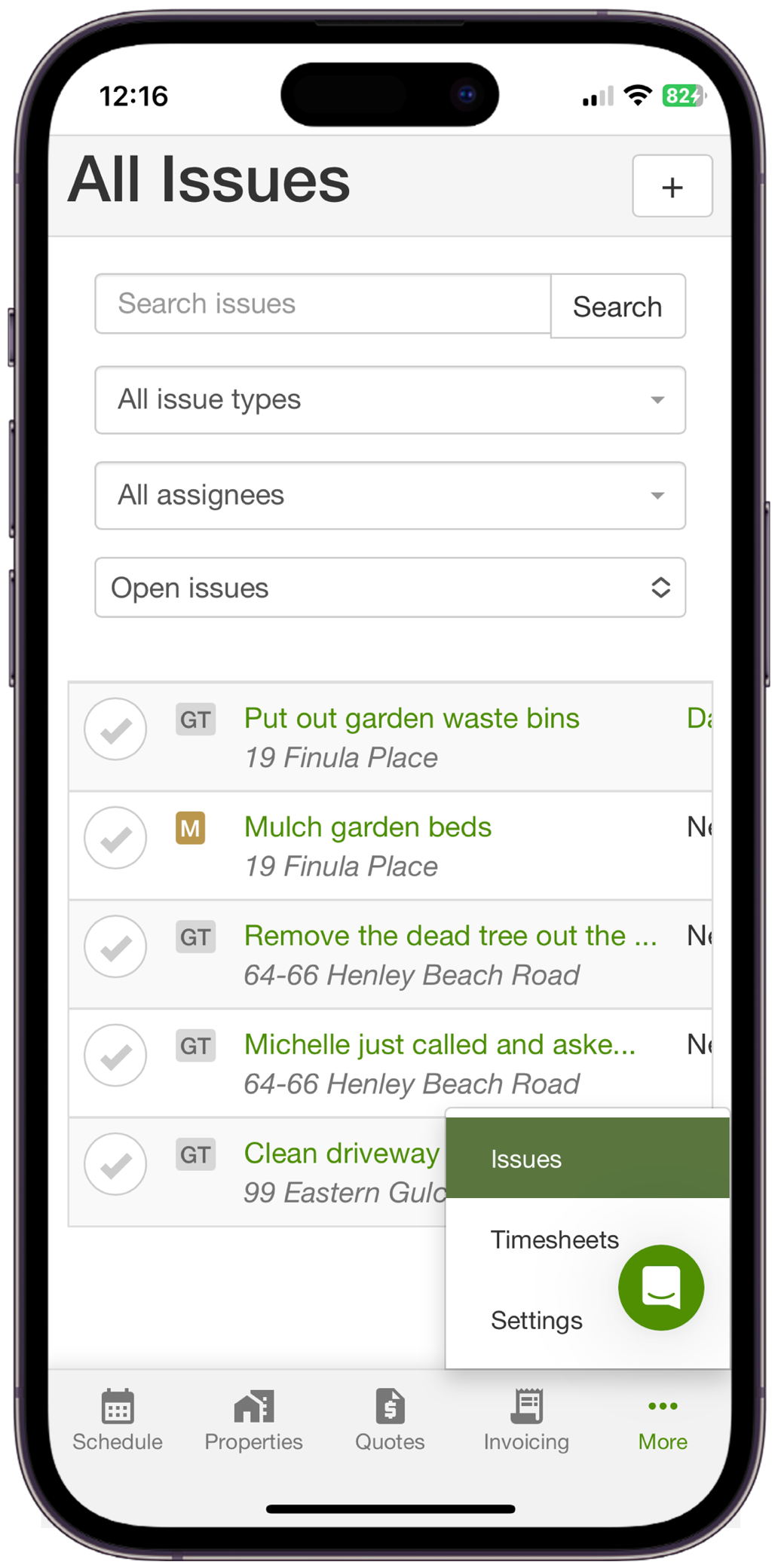 Mobile issues list showing open issues for a property