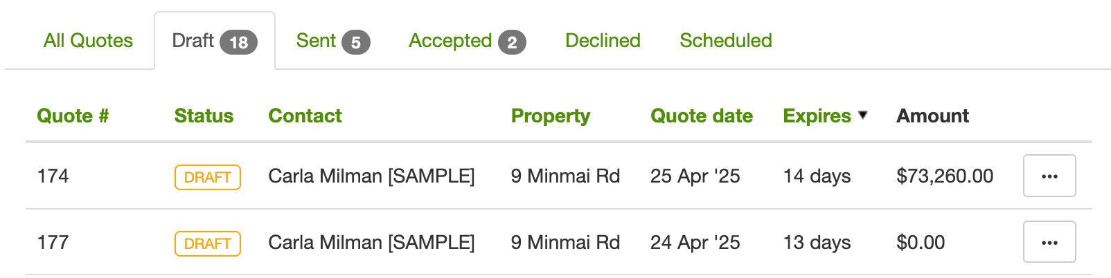 Quotes page with status tabs such as Draft, Sent, and Accepted