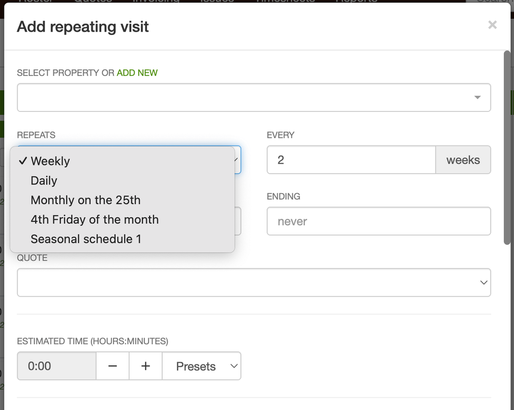 Repeats dropdown with a seasonal schedule selected