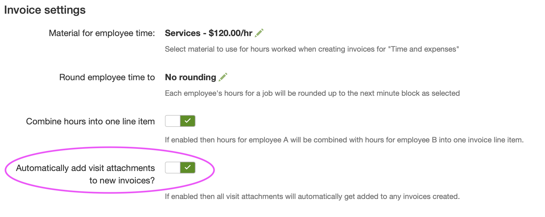Invoice setting to automatically add visit attachments to new invoices
