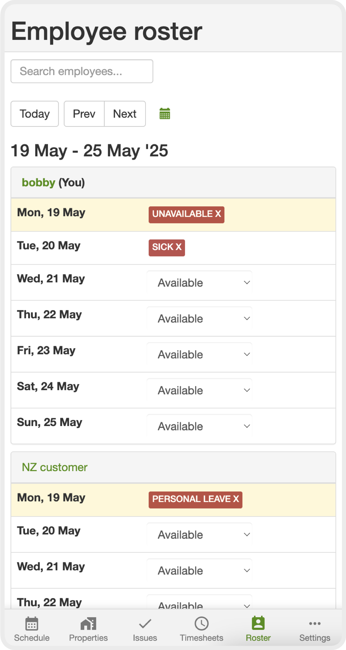 Mobile employee roster with availability for the week