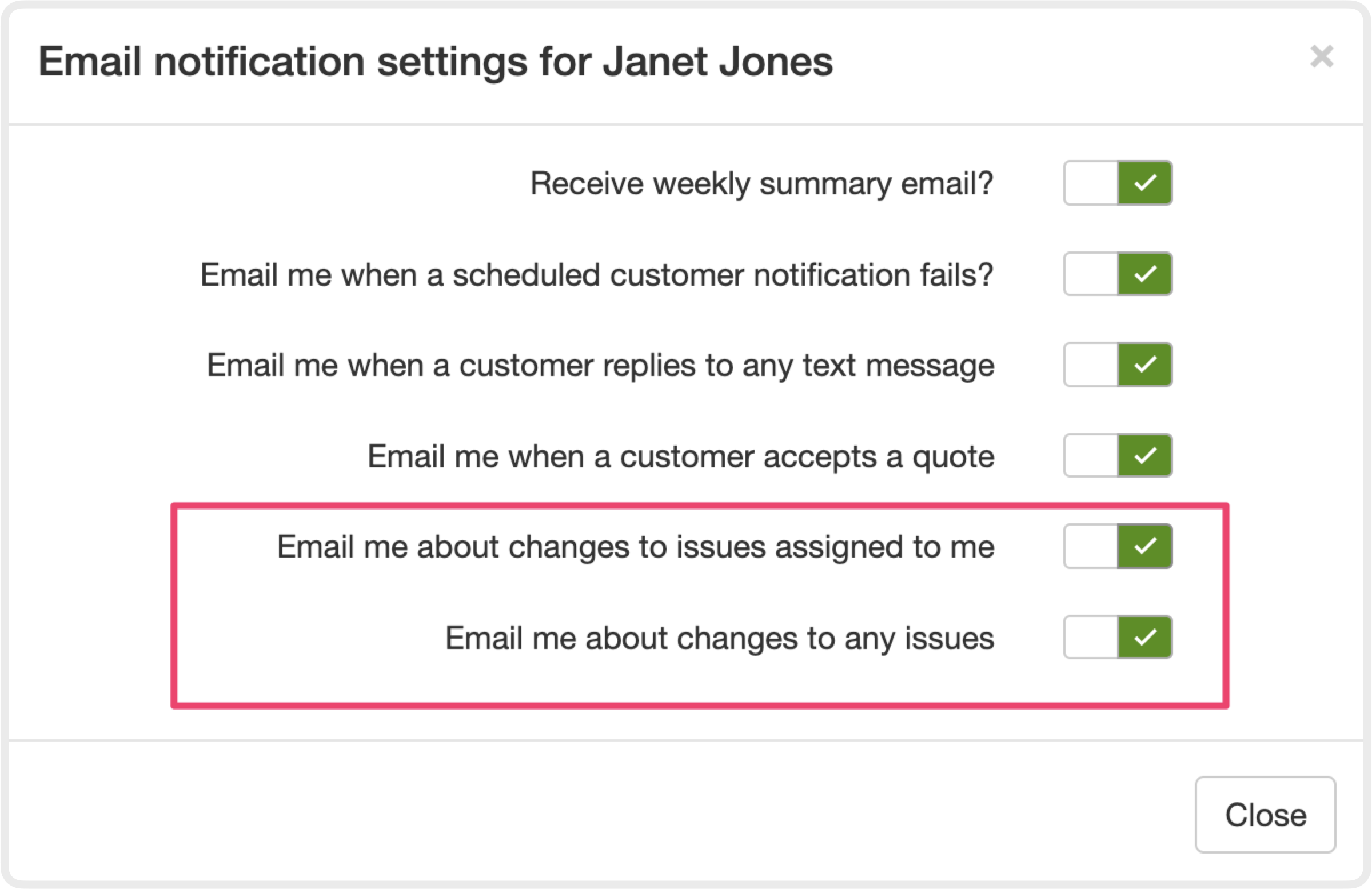 Notification settings with issue email alerts turned on