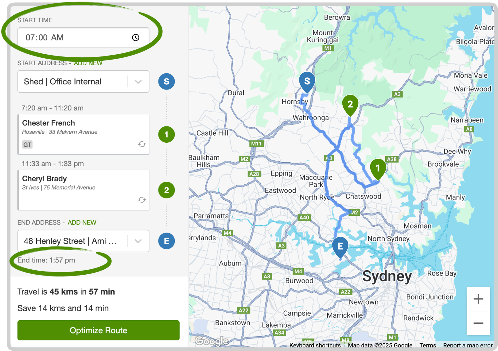 Job run with a start time and calculated arrival and finish times for each visit