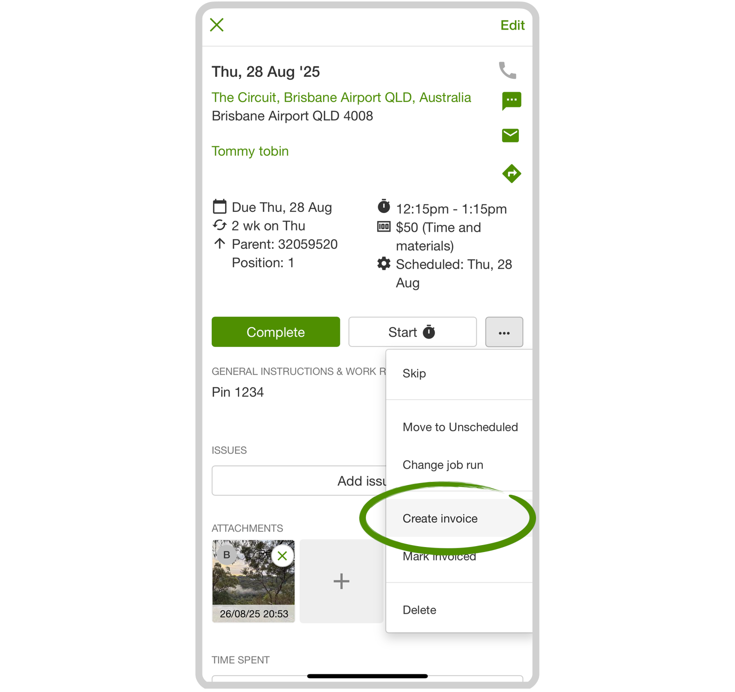 Visit menu with Create invoice available before the visit is complete