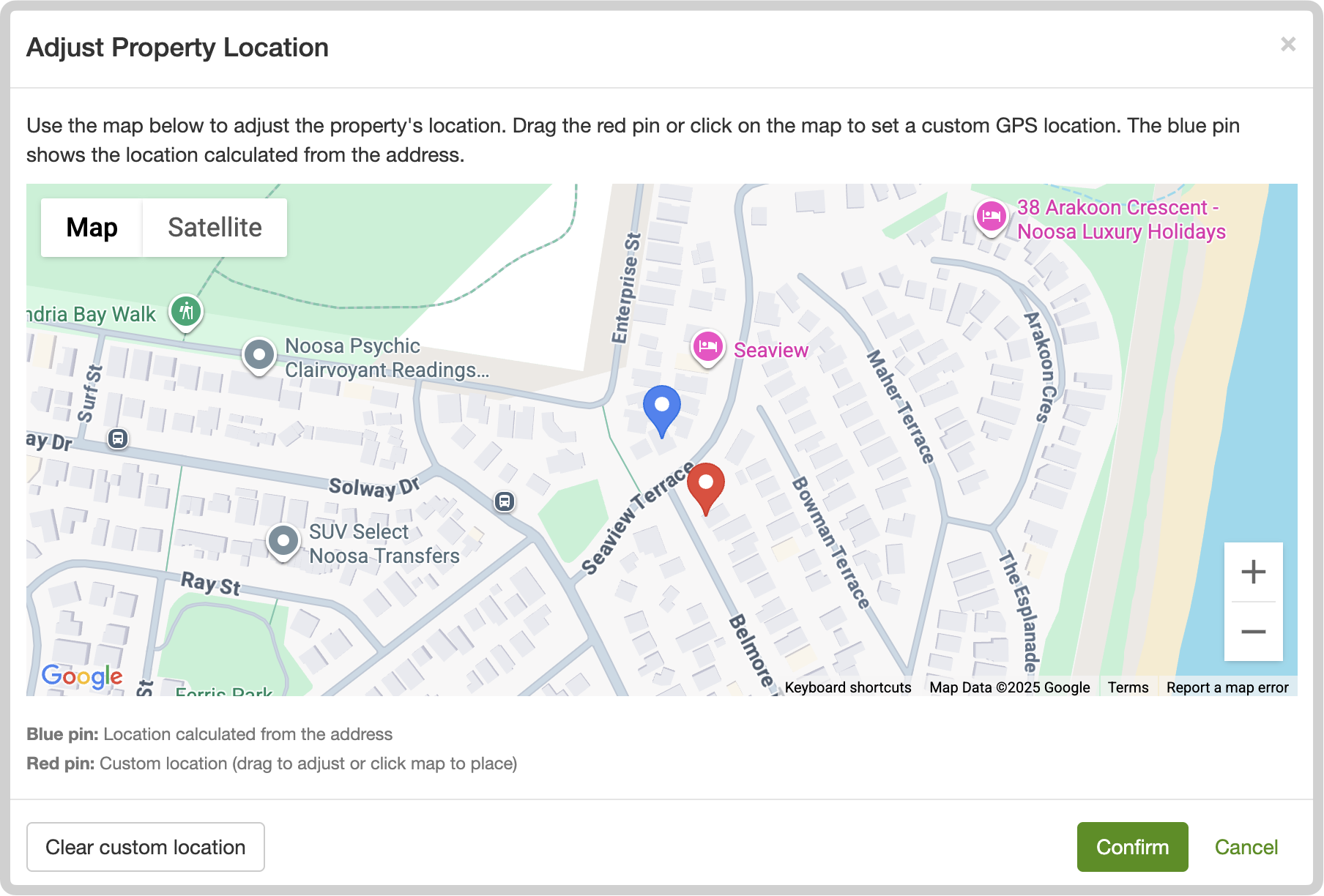 Property map with the pin dragged to the correct location