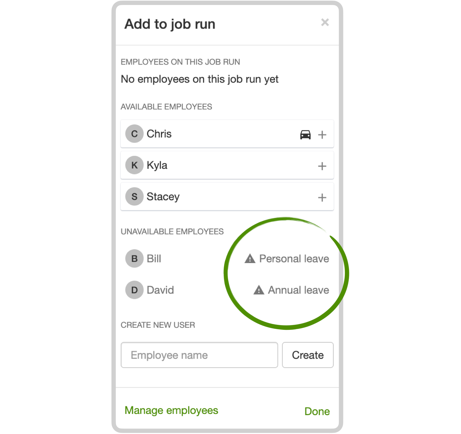 Staff picker showing unavailable employees and the reason they are off