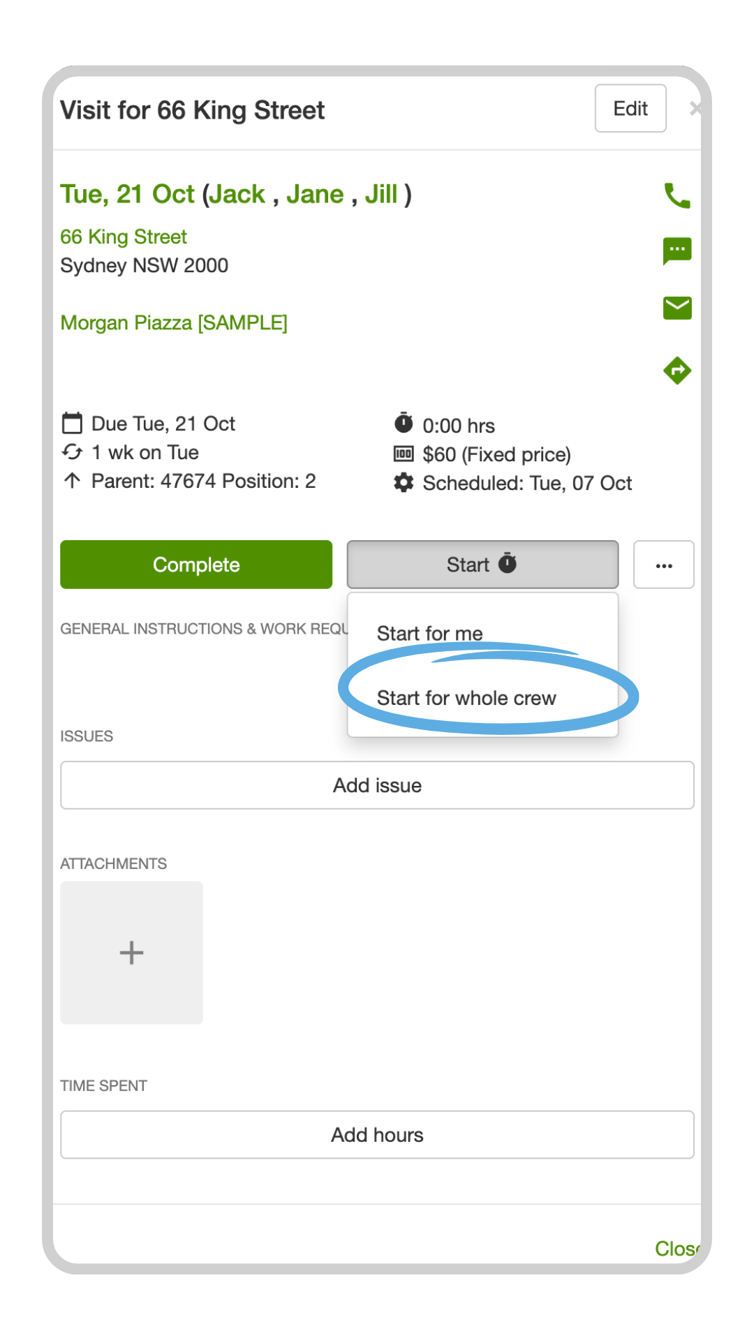 Visit timer prompt to clock in the whole crew or just yourself