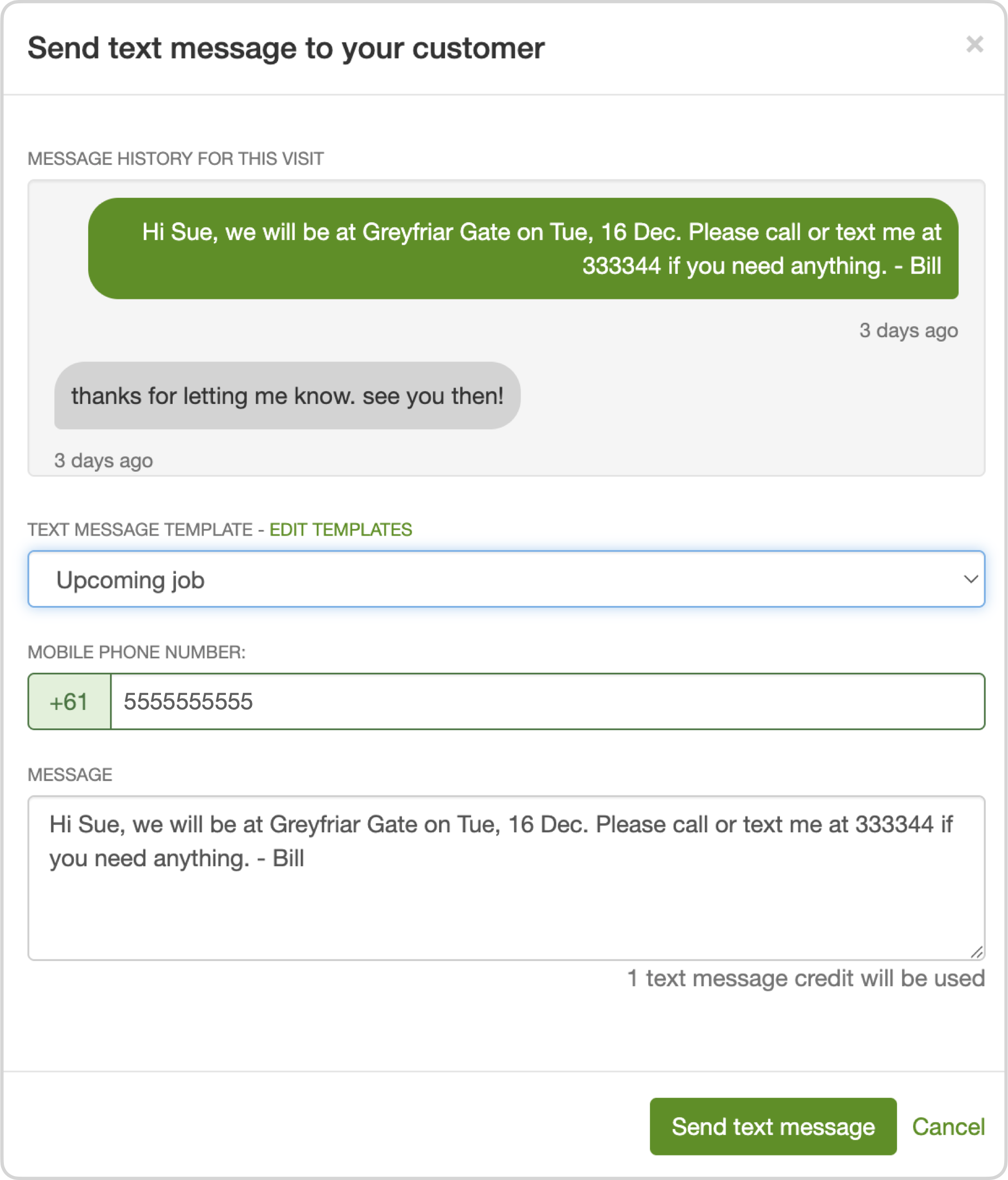 Manual SMS from a visit showing the chat thread before sending