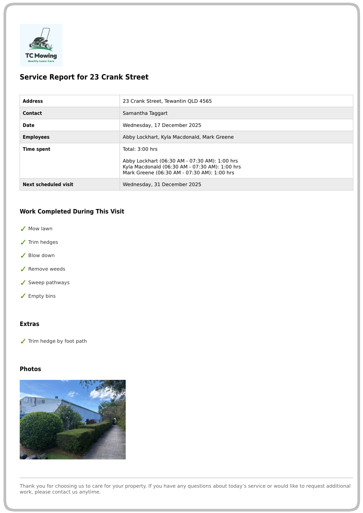 Service report settings for choosing what to include in the PDF