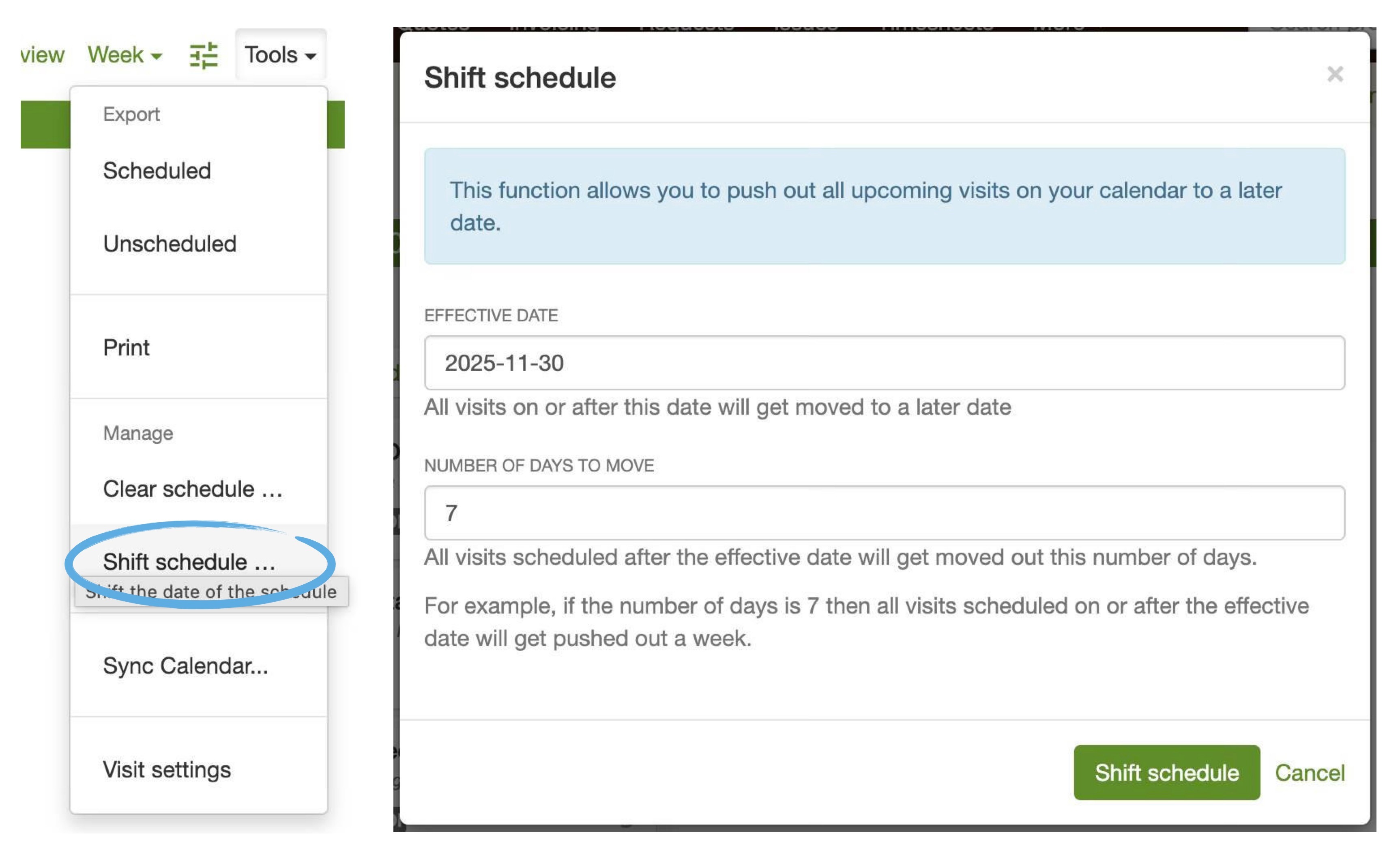 Tools menu with Shift schedule highlighted