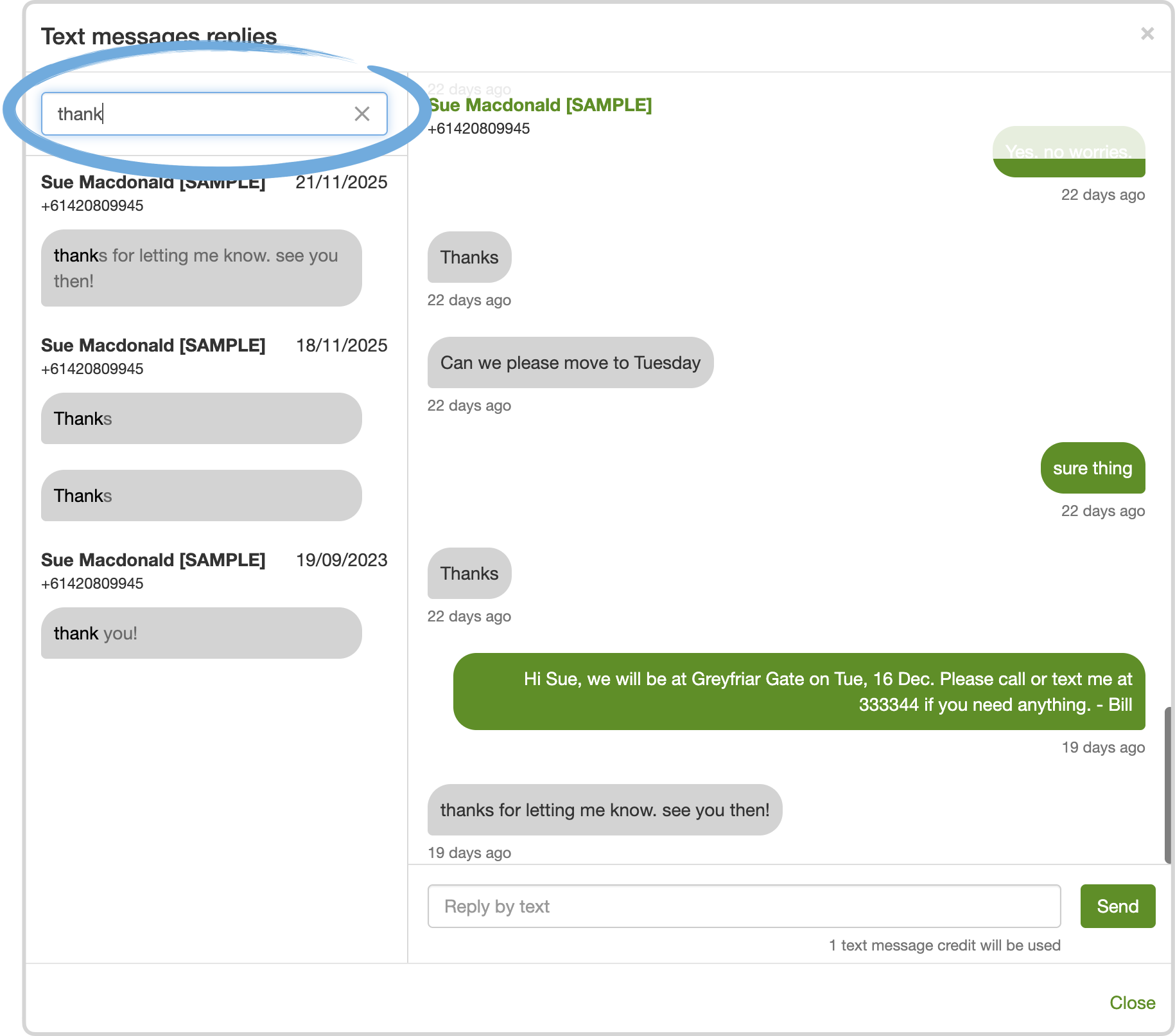 SMS replies list with a search box for finding old messages