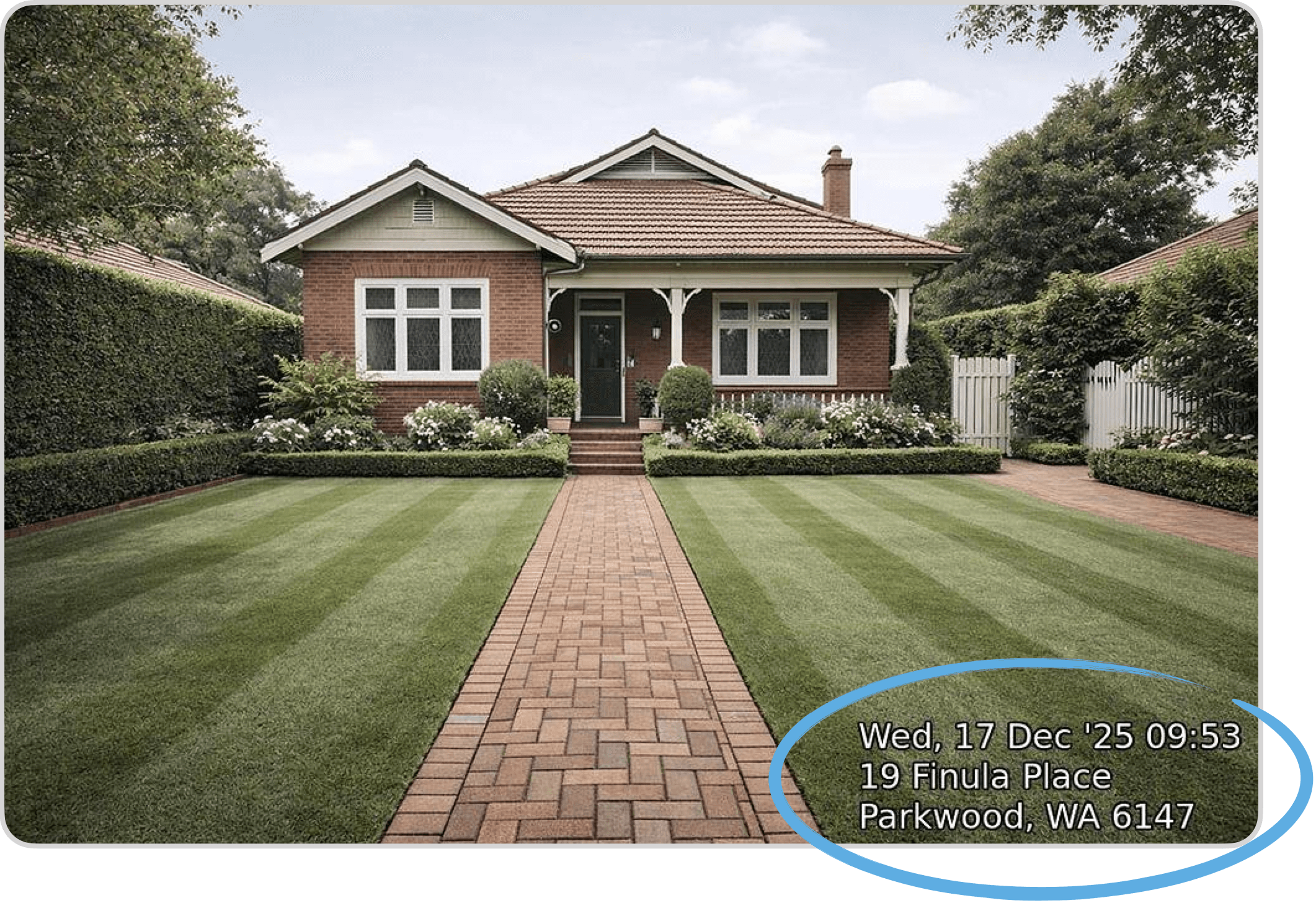 Visit photo with the date and property address stamped on the image