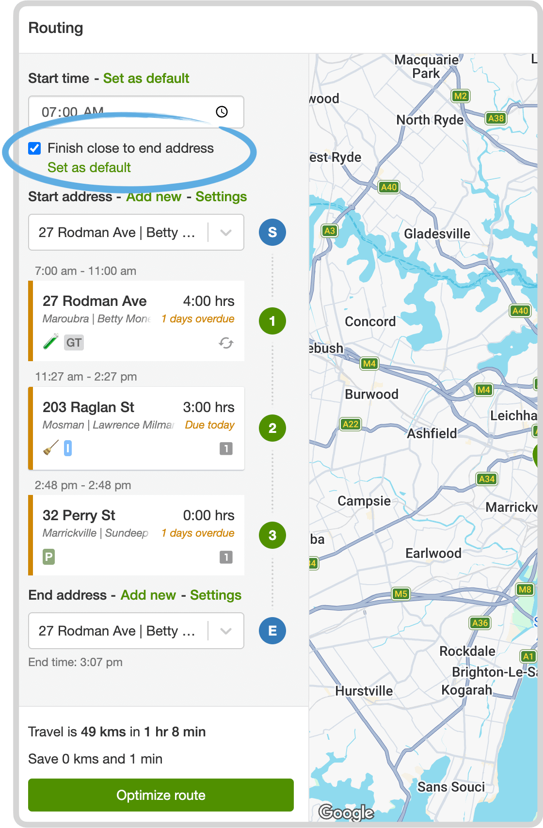 Route options with Finish close to end address turned on