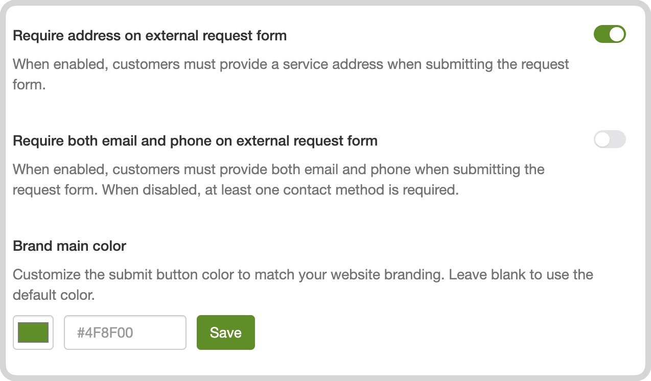 Request form settings including submit button colour and required fields