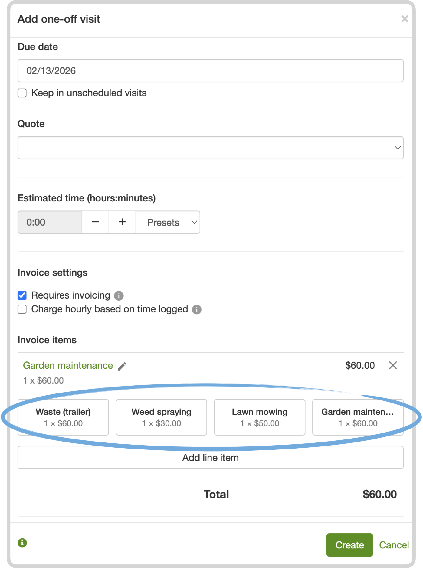 Quote items with quick-add buttons for recently used line items