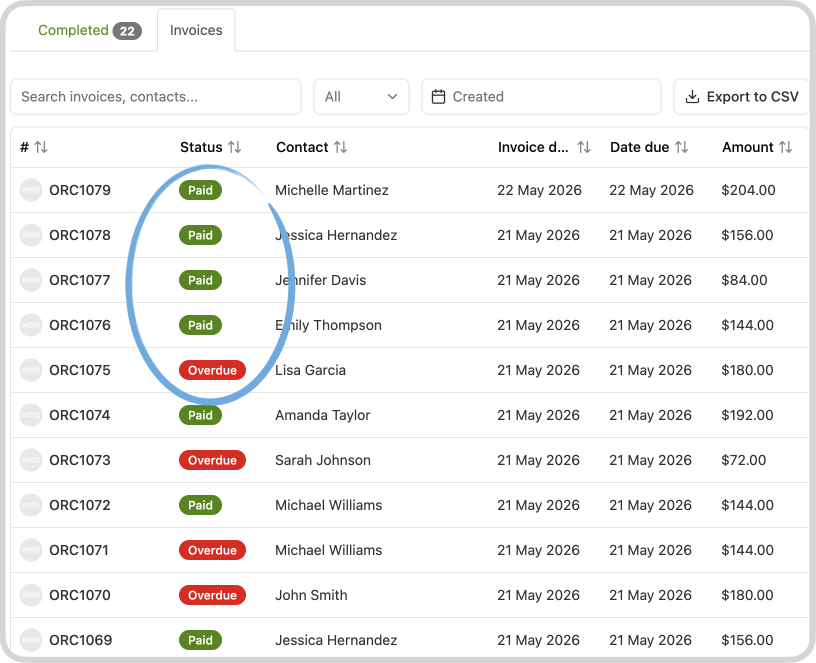 Invoice list showing paid status synced from Xero or QuickBooks Online