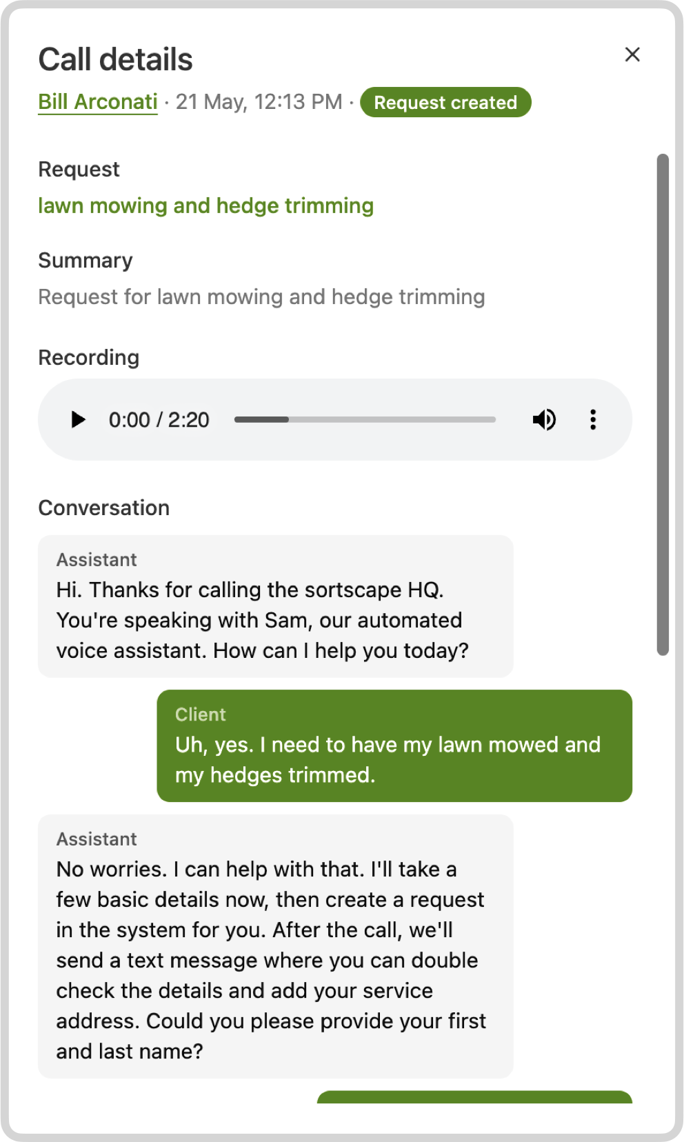 Call details for an AI receptionist call with the transcript and recording