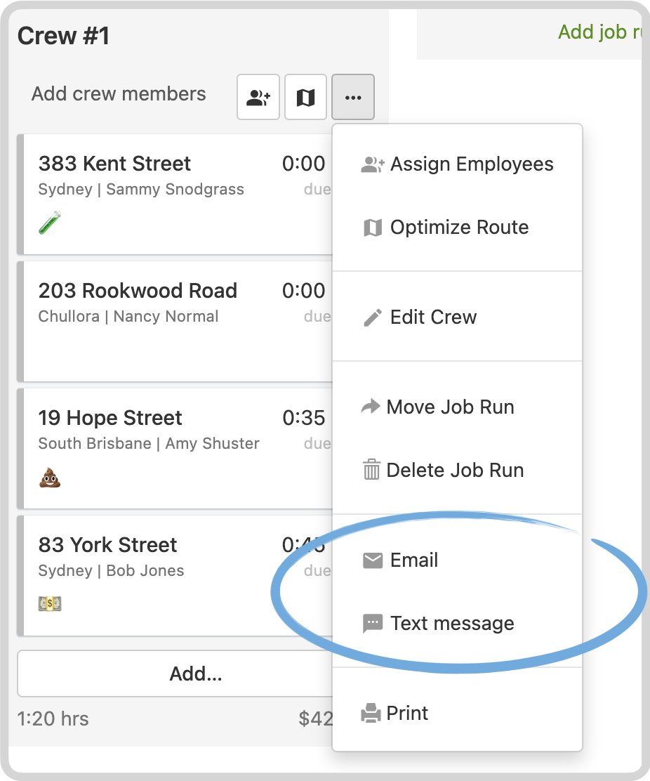 Job run menu with send bulk SMS or email for all visits in the run