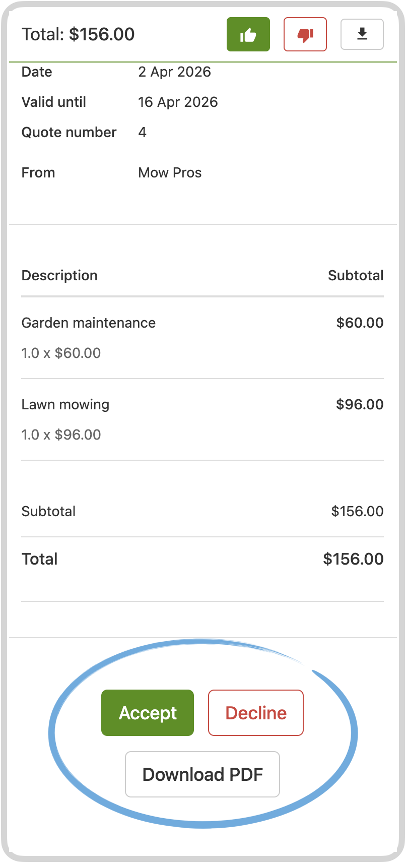 Customer quote with Decline next to Accept
