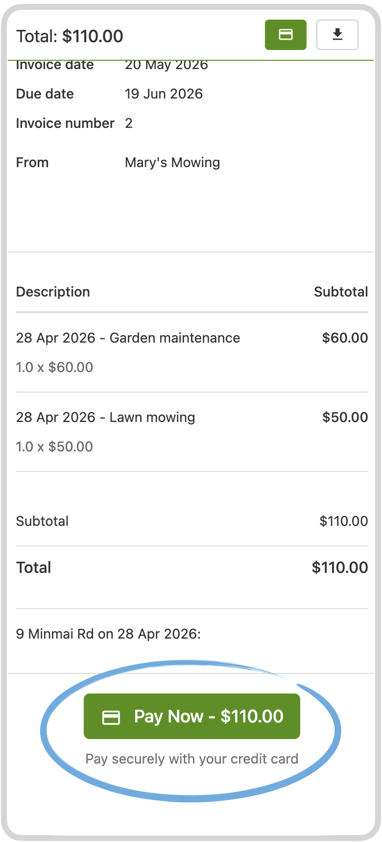 Customer invoice with a Pay Now button for Stripe online payments
