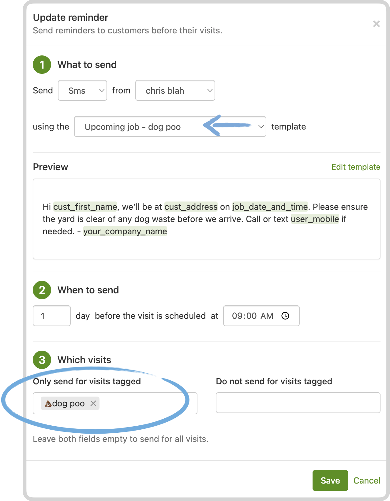 Reminder settings limited to visits with a selected tag