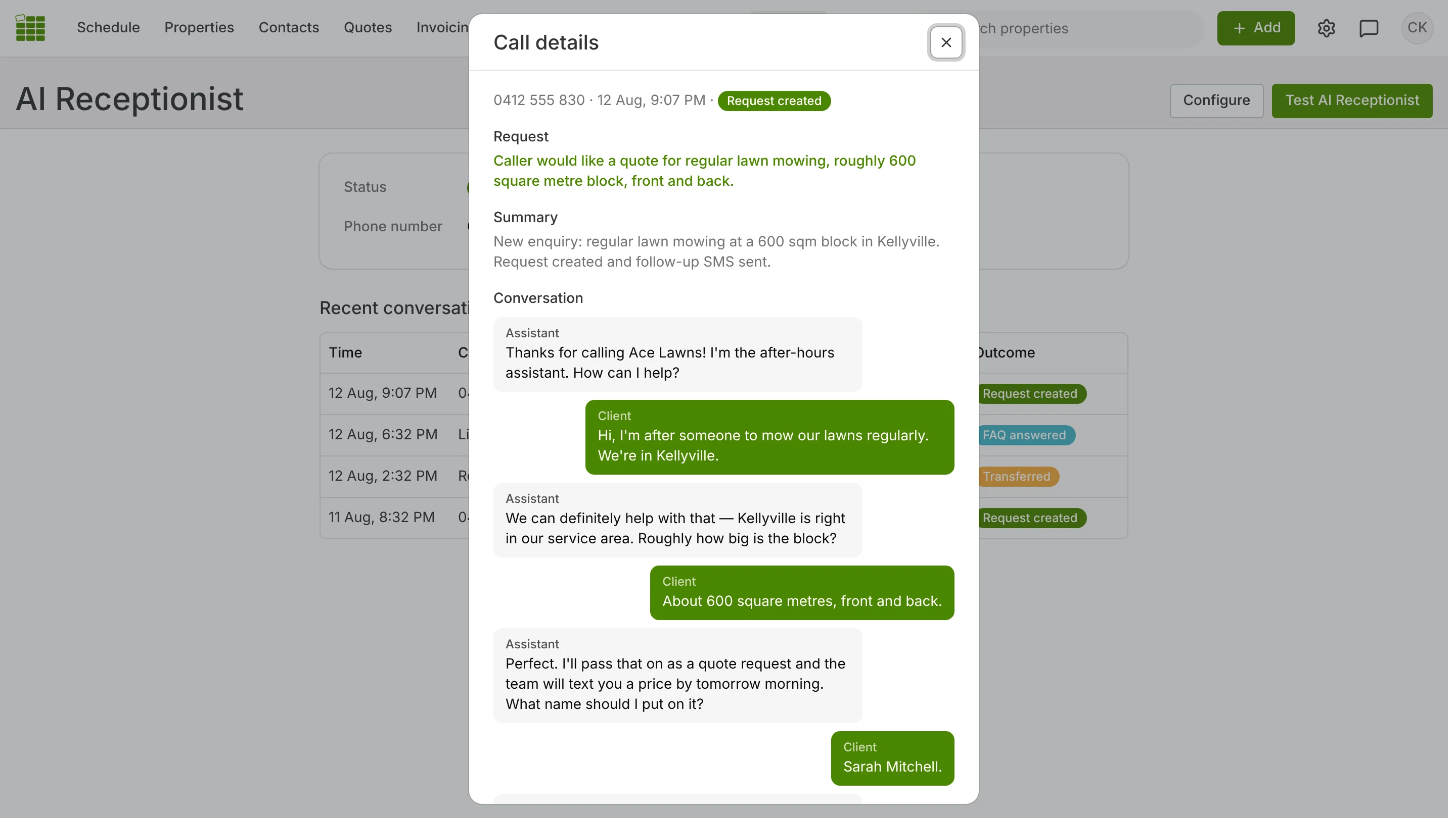 AI Receptionist call details in SortScape showing the captured request and conversation transcript