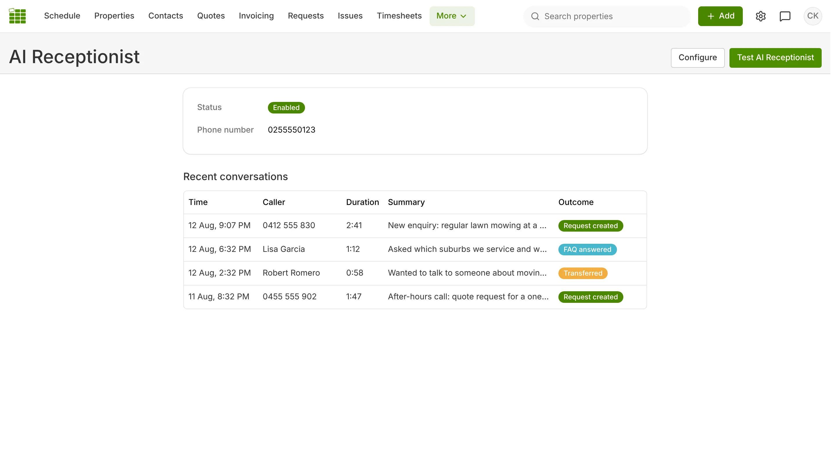 AI Receptionist call list in SortScape with summaries and outcomes